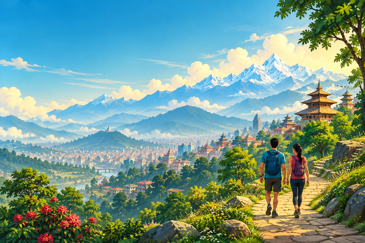 Illustrated Himalayan mountains and Kathmandu valley, with two friends on a walking trail