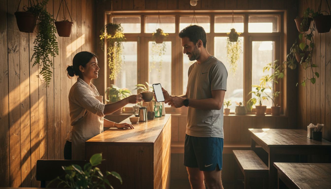 A café owner welcoming a visitor