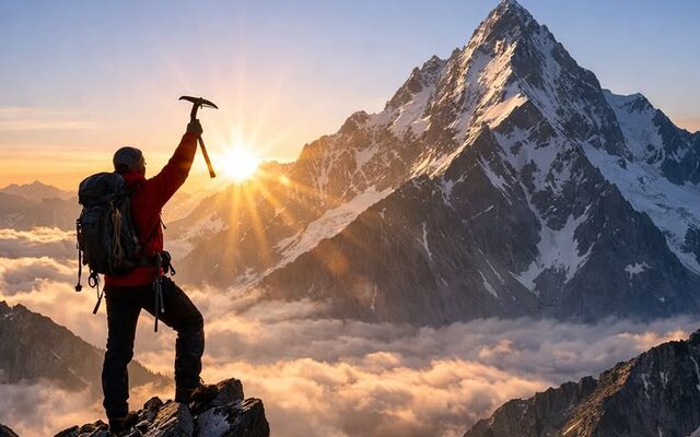 A climber on a rocky summit raising an ice axe at sunrise, a snowy peak above a sea of cloud.