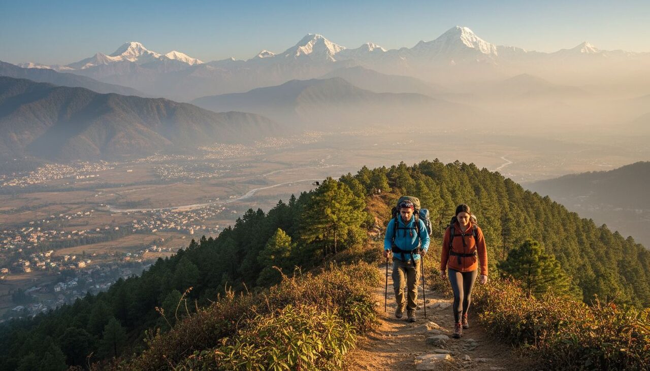 Two hikers with packs and trekking poles climbing a pine-lined ridge trail at golden hour, snow-capped peaks on the horizon above a hazy valley.