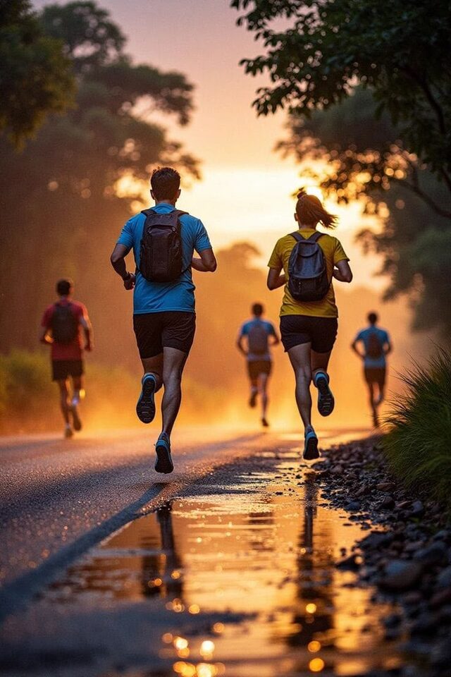 A group of runners with small backpacks running away from the camera along a wet road at sunset, trees on both sides.